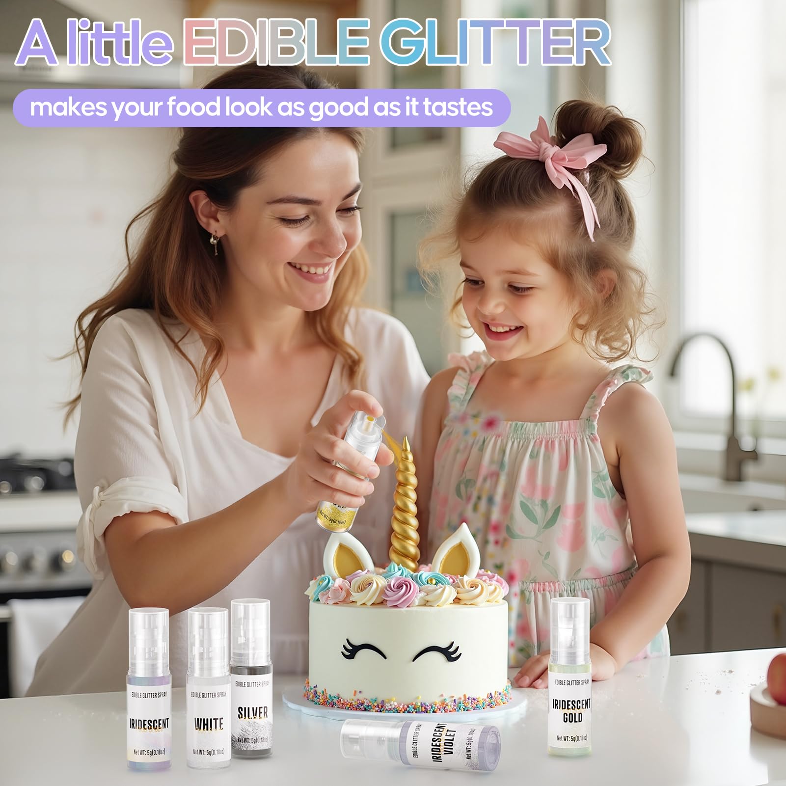 Edible Glitter Spray,2 Colors Iridescent & Iridescent Gold Food Grade Edible Glitter Set for Drink Cake Beverages,Cupcakes,Cake Pops and Cookies Decorating