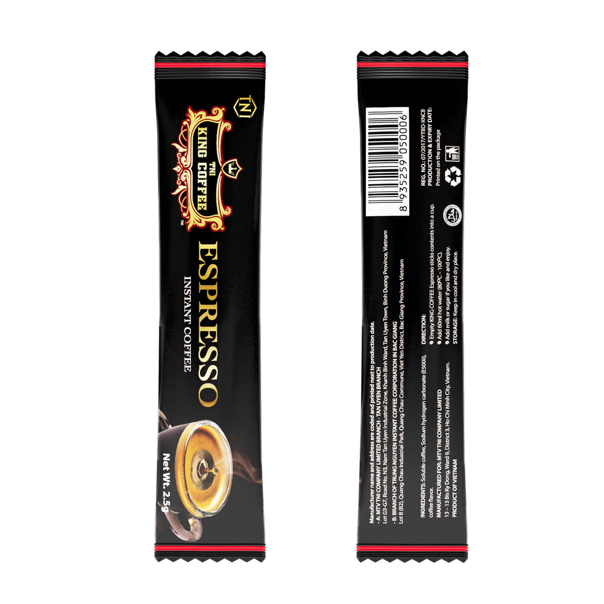 TNI King Coffee Espresso Instant Coffee Vietnamese Coffee, Trung Nguyen International, Arabica Instant Coffee Mix, Medium Roast, 15 Sticks Per Box x 2.5g, Pack of 12