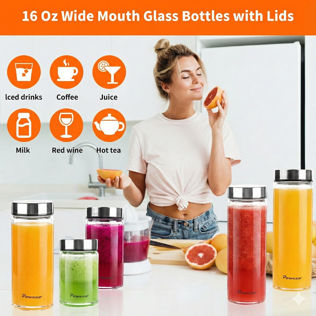 poweco Glass Juice Bottles 6 Pack 16 oz - Wide Mouth Glass Water Bottles with Lids - for Juicing, Protein, Smoothie, Milk, Reusable, BPA Free, Stainless Steel Lids, Blender, Shaker Bottle (500ml)