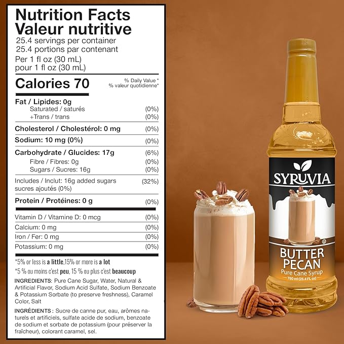 Syruvia Butter Pecan Syrup For Coffee 25.4 Oz. - Kosher & Gluten Free, No Coloring, Perfect for Drinks, Soda, Shakes, Desserts, and More.