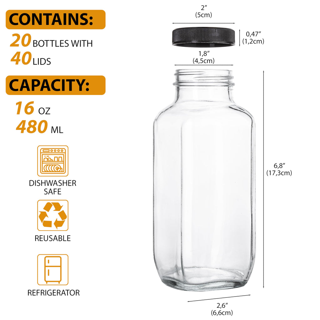 umud Juice Bottles with Lids, 16 Oz - Set of 20 - Clear Glass Jars with Caps - Reusable Empty Drink Containers for Juicing, Smoothies, Water, Milk, Kombucha Storage, Wellness Shots and More (20)
