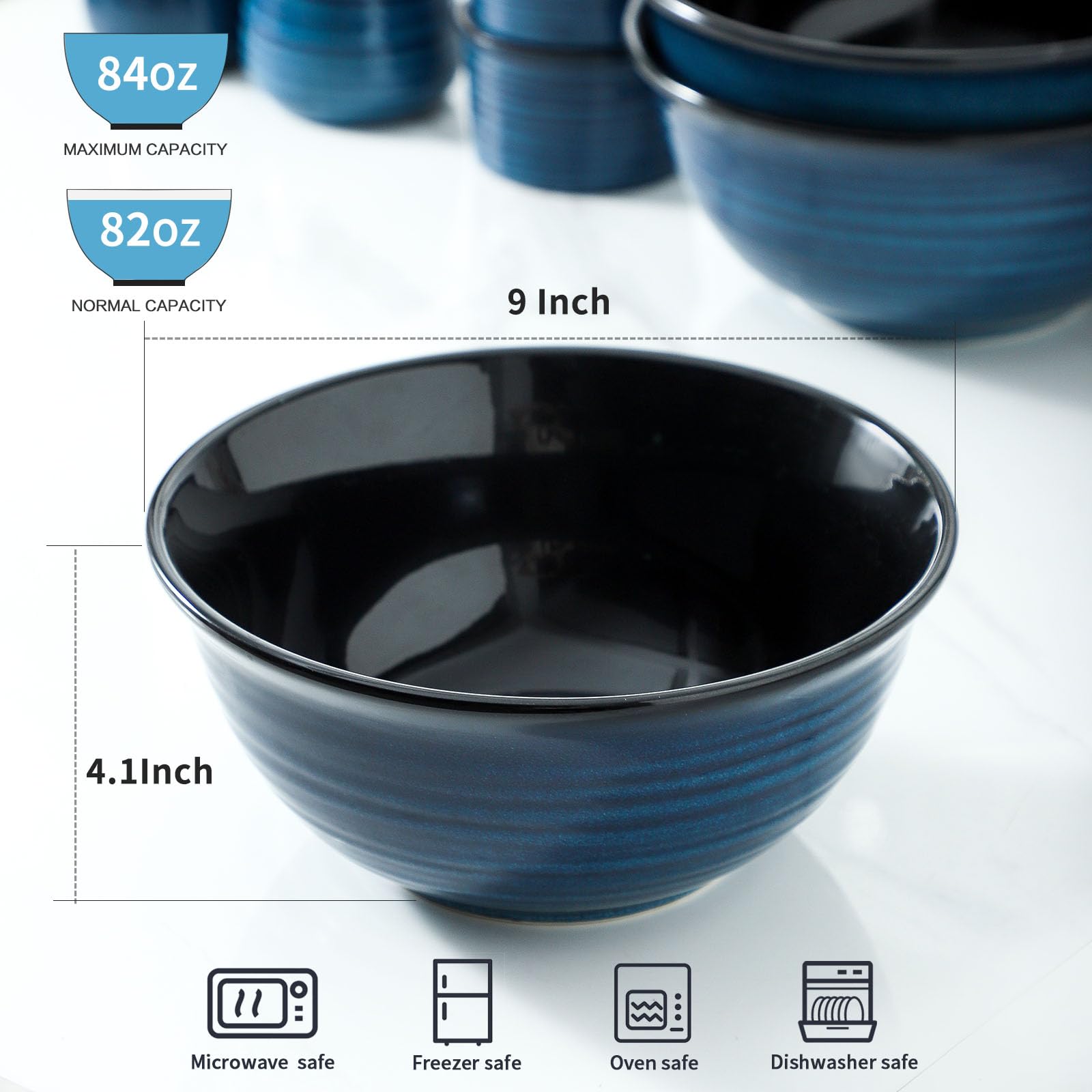 MEKY Serving Bowls, 84 Ounce Mixing Bowl Set of 2, 9 Inch Large Ceramic Salad Bowls for Kitchen, Perfect for Cooking Baking Soup Pasta Fruit and Popcorn, Microwave and Dishwasher Safe, Blue