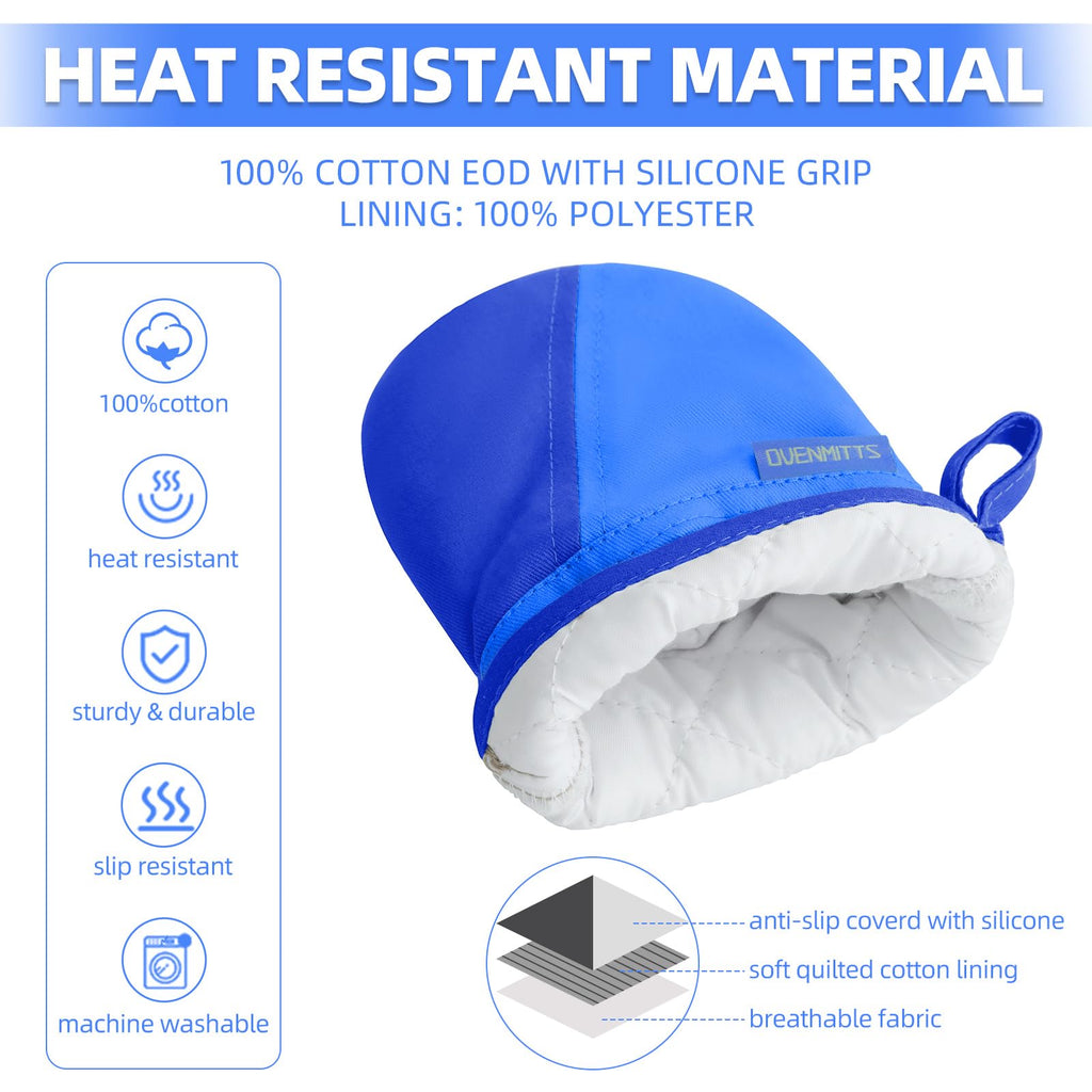 Mini Oven Mitts, Kitchen Oven Gloves Kitchen Mittens 500 Degrees Heat Resistant Baking Gloves, Non-Slip Silicone Surface with Hanging Loops Hot Gloves for Cooking, Baking, BBQ 1 Pair-Blue