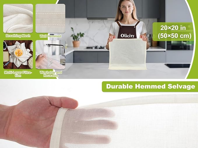 Organic Cheese Cloths, GOTS Certified, 3PCS, Grade 100, 20x20Inch Hemmed Cheese Cloth Fabric Reusable Fine Mesh Cloth, 100% Cotton Unbleached Muslin Cheesecloth for Straining, Cooking, Juice, Herbs