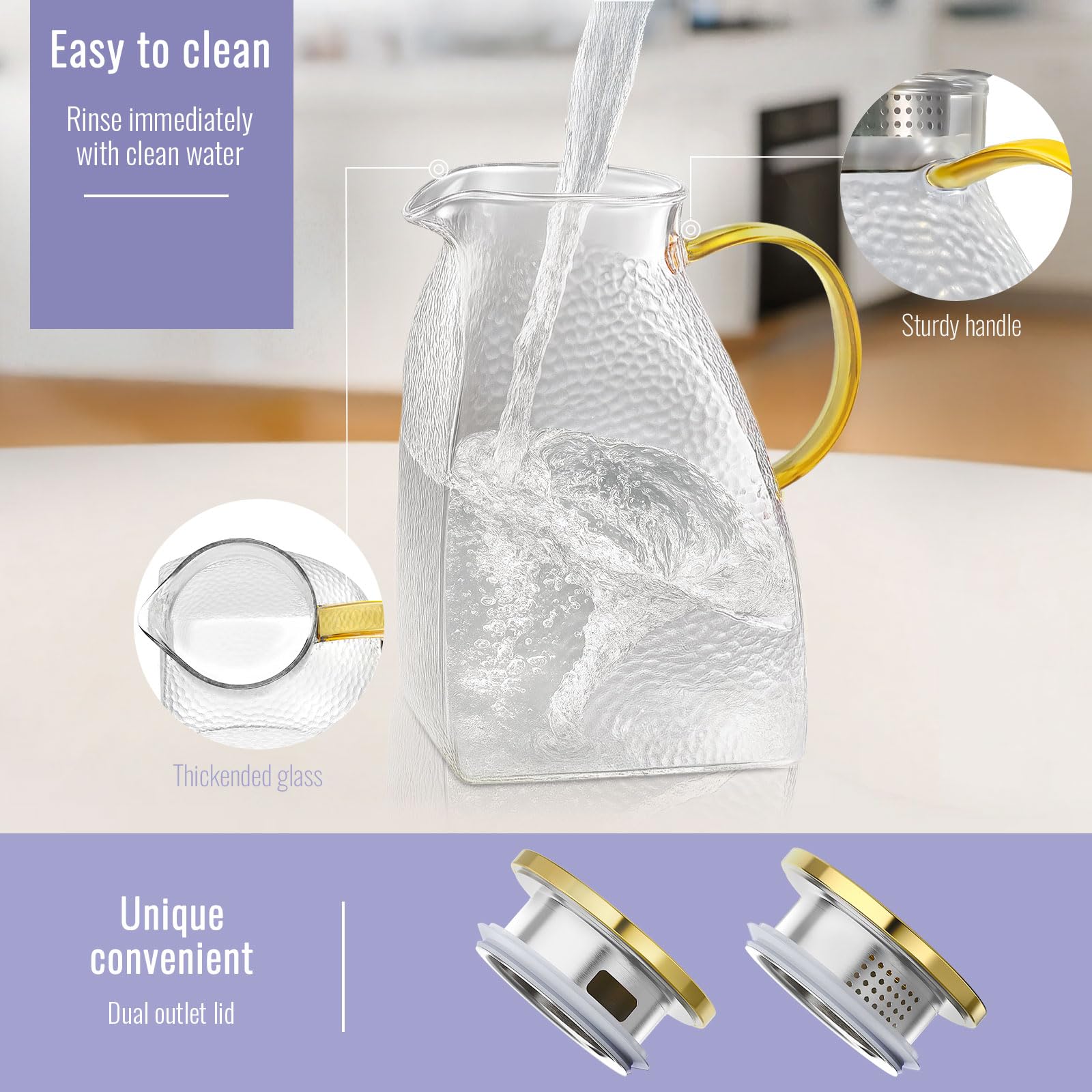 WARMSIMPLE Glass Pitcher With Lid, 2 Liters Glass Pitchers With Handle And Lid, 68 oz Water Pitcher For Fridge, Tea Jug Carafe Jar For Hot/Cold Water Iced Juice Coffee Milk Fruit