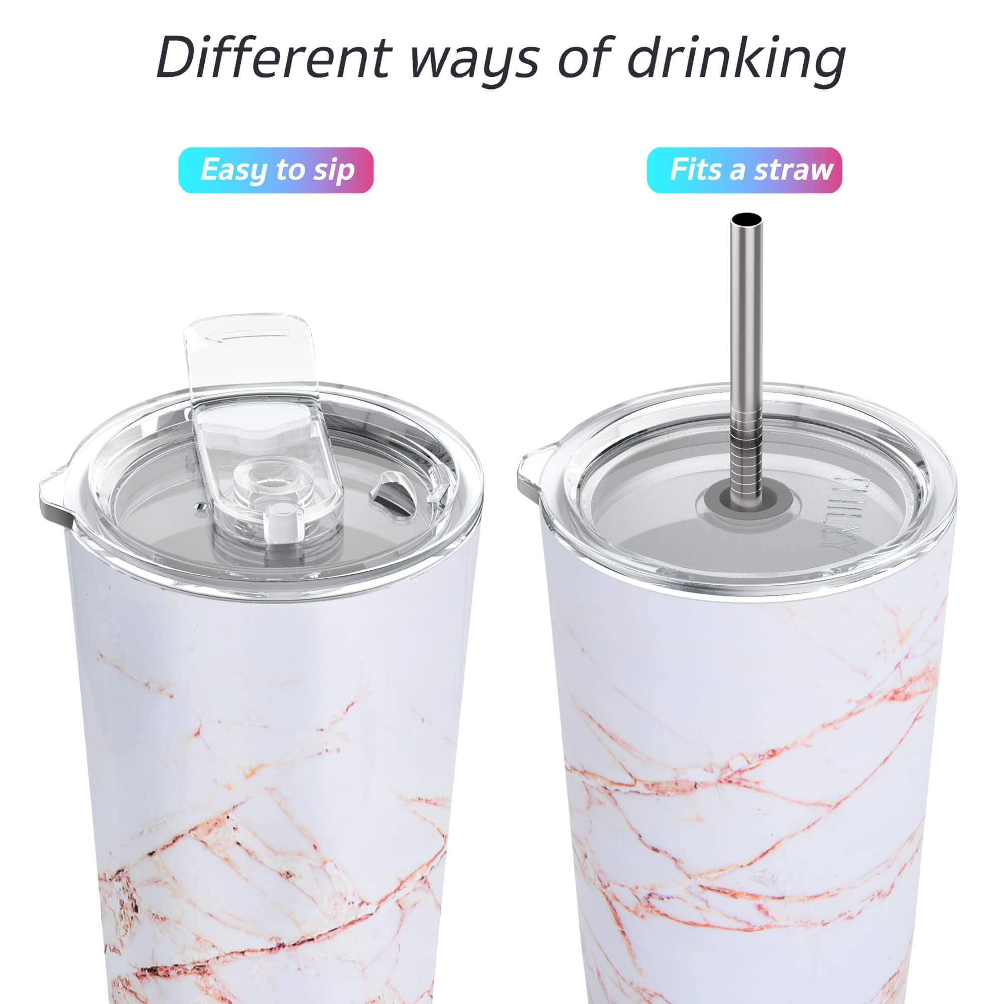 THILY Stainless Steel Vacuum Insulated Tumbler Travel Mug 26 oz Coffee Cup with 2 Lids and Straws, Splash Proof, Keep Ice Drinks Cold, Gold Marble
