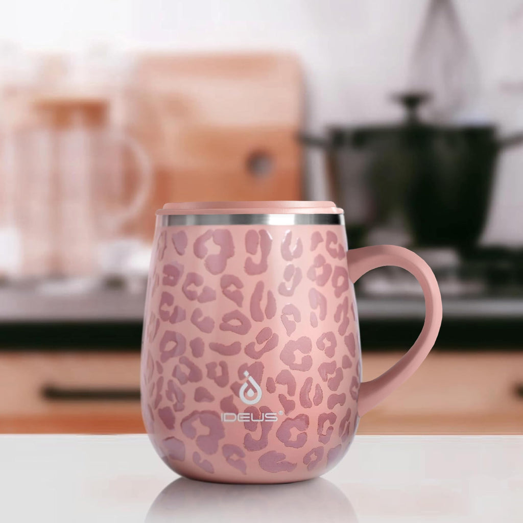 Ideus 16 oz (470 ml) Insulated Coffee Mug with Handle and Lid, Double Wall Stainless Steel Vacuum Thermal Coffee Mug, Travel Coffee Cup Thermal Cup for Home and Office, Leopard Pink