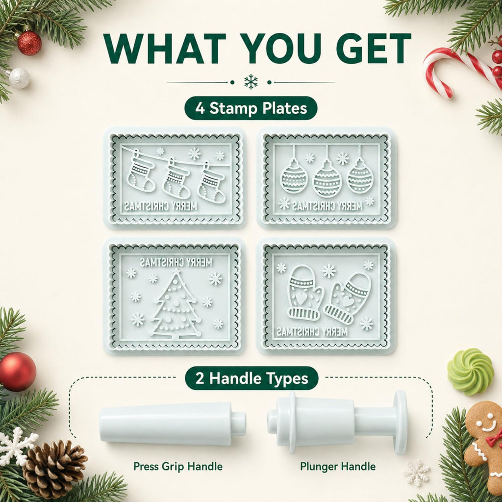 4-Piece 3D Merry Christmas Cookie Cutter and Stamp Set, Plastic