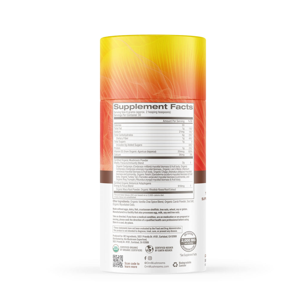 OM MUSHROOM SUPERFOOD Morning Energy Blend – Caffeine-Free Powder with Cordyceps, Lion’s Mane, Rhodiola & Vitamin D2 – Supports Energy, Focus & Endurance – 8.47 oz Canister (30 Servings)