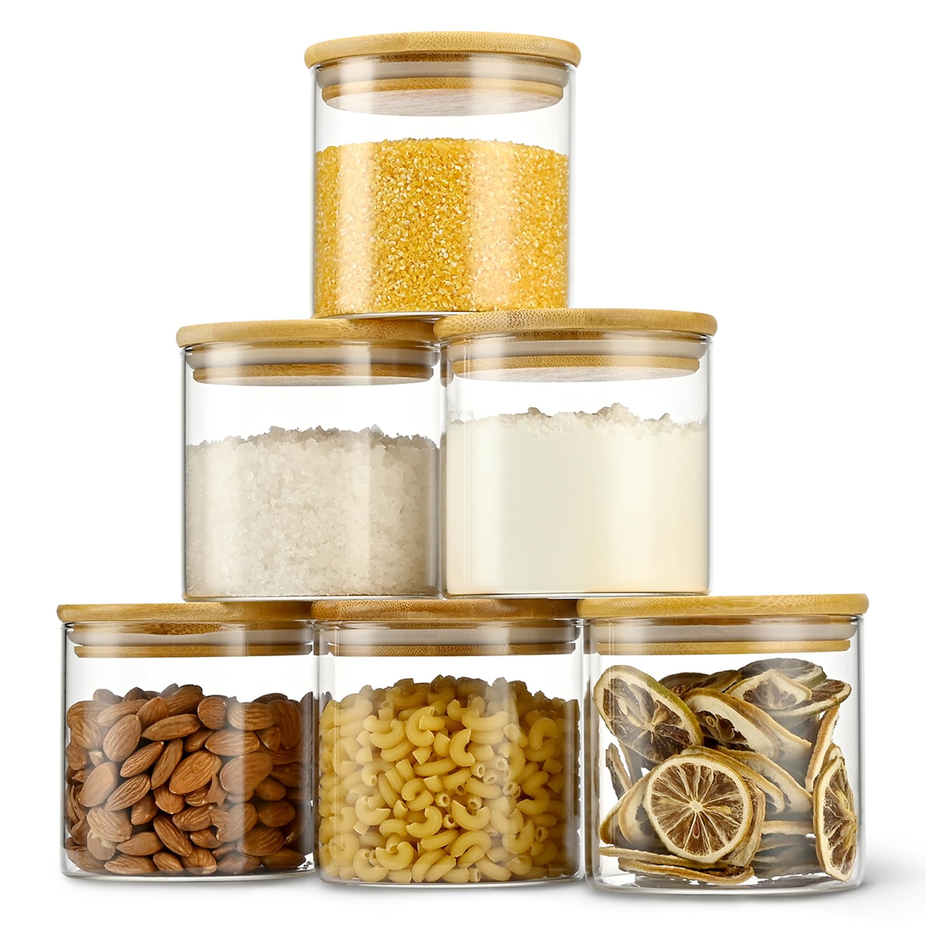 D2scrma 22oz Straight cylindrical Airtight Storage Jars with Bamboo Lid Set of 6 Storage Container Stackable Spice Jar, Kitchen Canister for Sugar, Tea, Cookies and Coffee beans (with Black Lable)