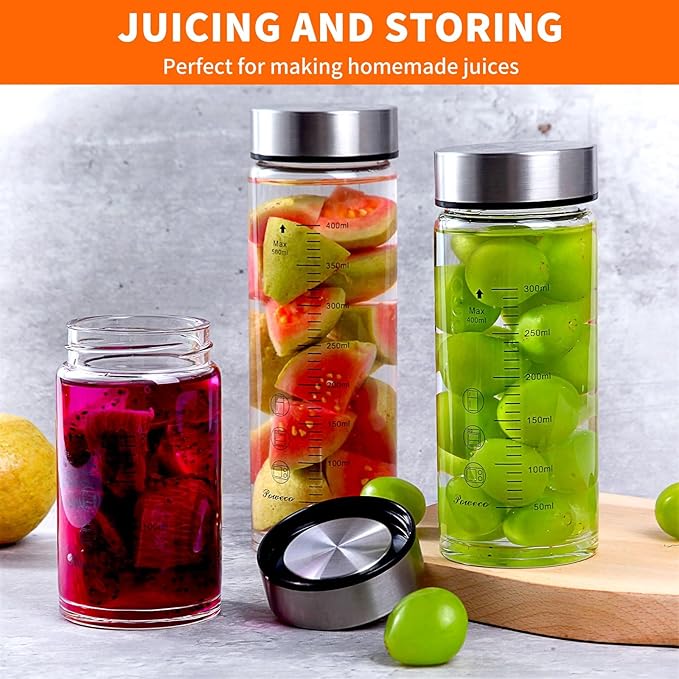 Glass Juice Bottles 4 Pack 12 oz - Wide Mouth Glass Water Bottles with Lids - for Juicing, Protein, Smoothie, Milk, Reusable, BPA Free, Stainless Steel Lids, Blender, Shaker Bottle (12oz/400ml)