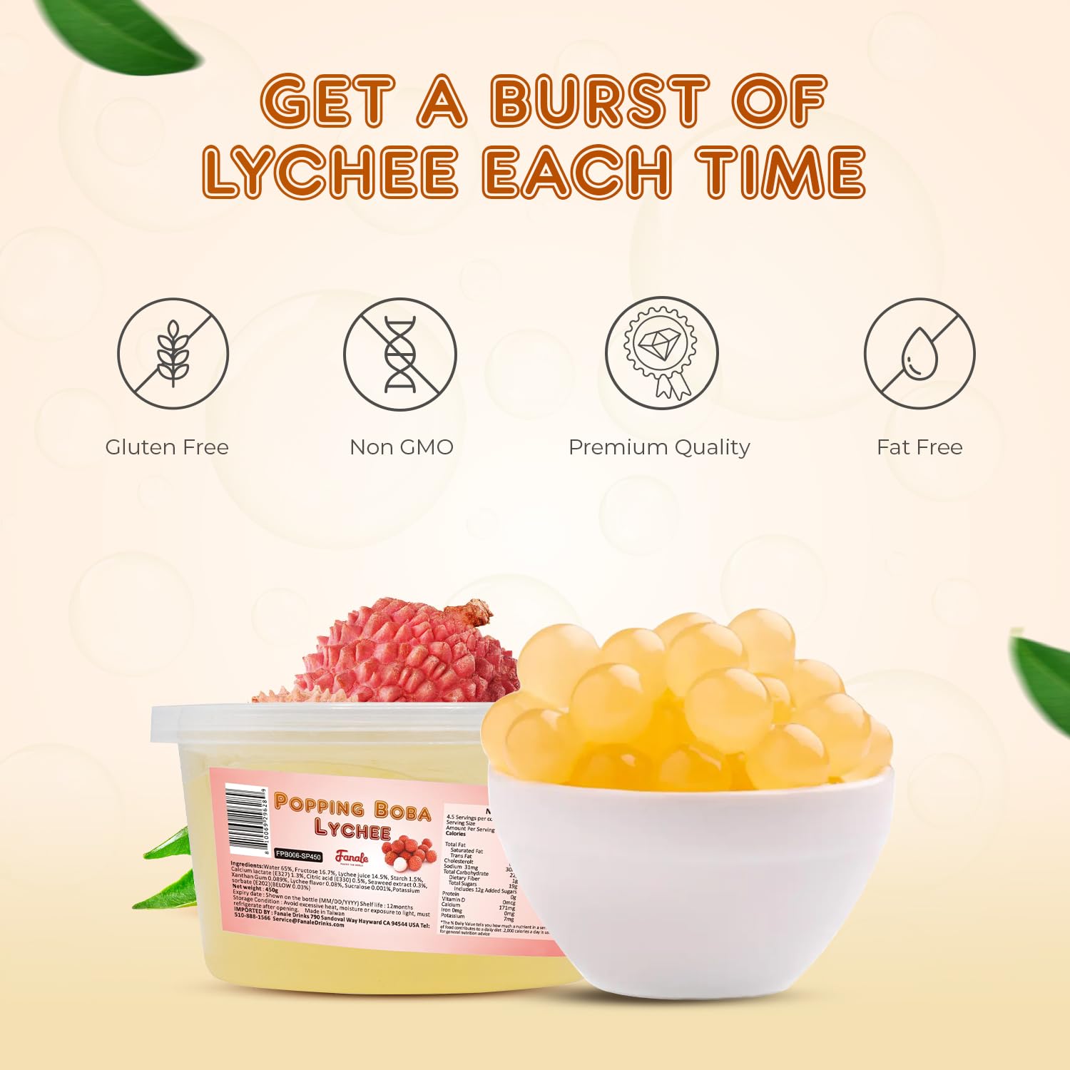 Fanale Lychee Popping Boba Pearls for Bubble Tea and Drinks, 1 Pound