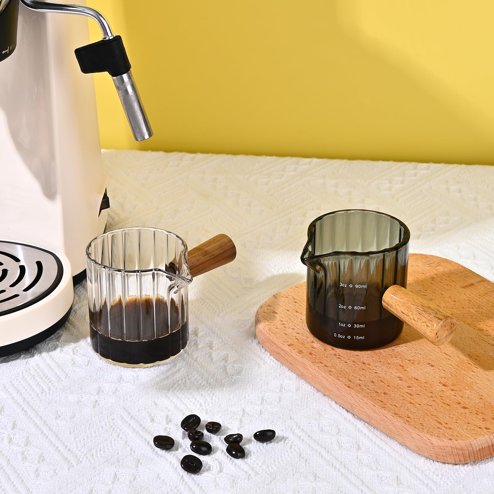 Denovin Glass Measuring Cup, 3oz Espresso Shot Glass with Wood Handle, Single Spout Measuring Cups Pitcher Milk Cup Coffee Shot Glasses (Gray Ribbed)