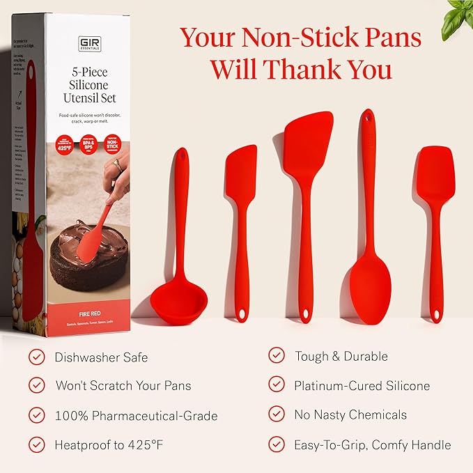 GIR: Get It Right 5-Piece Silicone Spatula & Utensil Set - Medium Fire Red - Kitchen Essentials with Heat-Resistant Non-Stick Tools - Dishwasher-Friendly