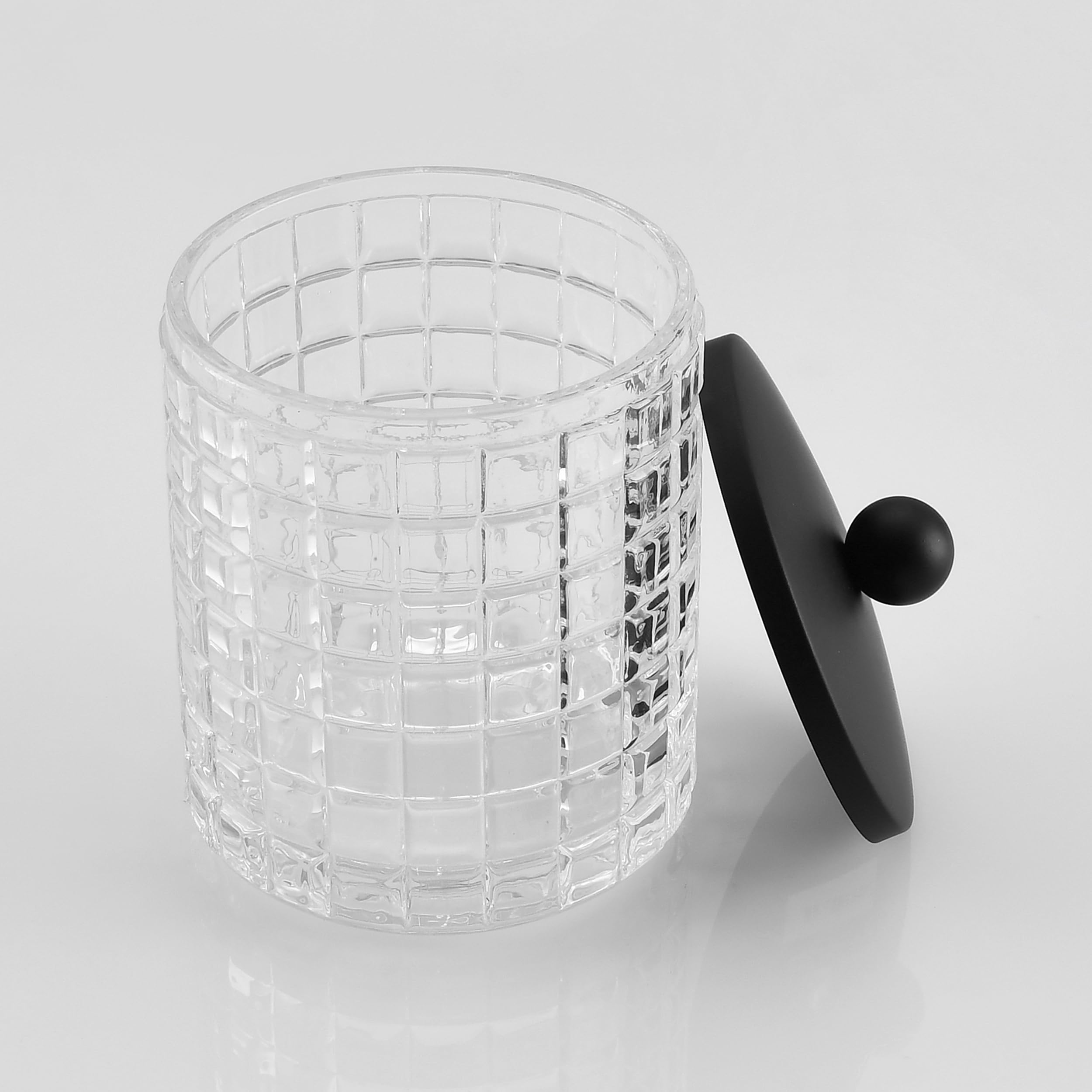 Indecor Home Glass Cotton Jar Holder Matte Black Lid, Elegant Bathroom Storage Canister for Qtips, Cotton Balls, Floss, Makeup Organizer, Vanity Bathroom Organization