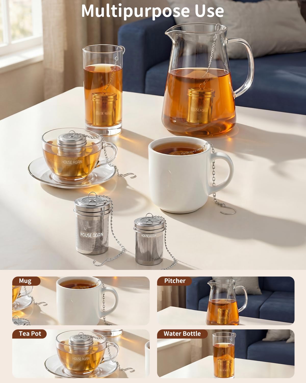 HOUSE AGAIN Tea Infuser (2 Pack, Large + Small), Extra Fine Mesh Tea Strainers for Loose Tea, 18/8 Stainless Steel Tea Strainer with Extended Chain Hook, Tea Steeper