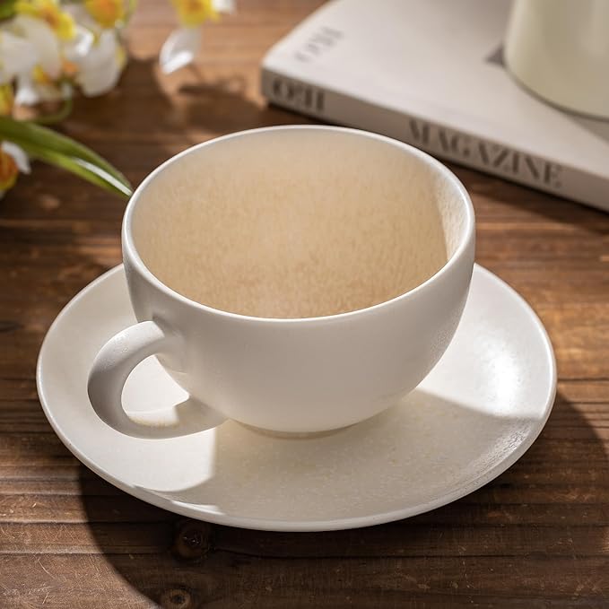 Ceramic Latte Art Mug With Saucer - 10 oz, Round Bottom For Perfect Pours - Cafe Cups for Cappuccino, Espresso, Coffee, Tea - Handmade Porcelain Set for Baristas, Great Gift - Apricot