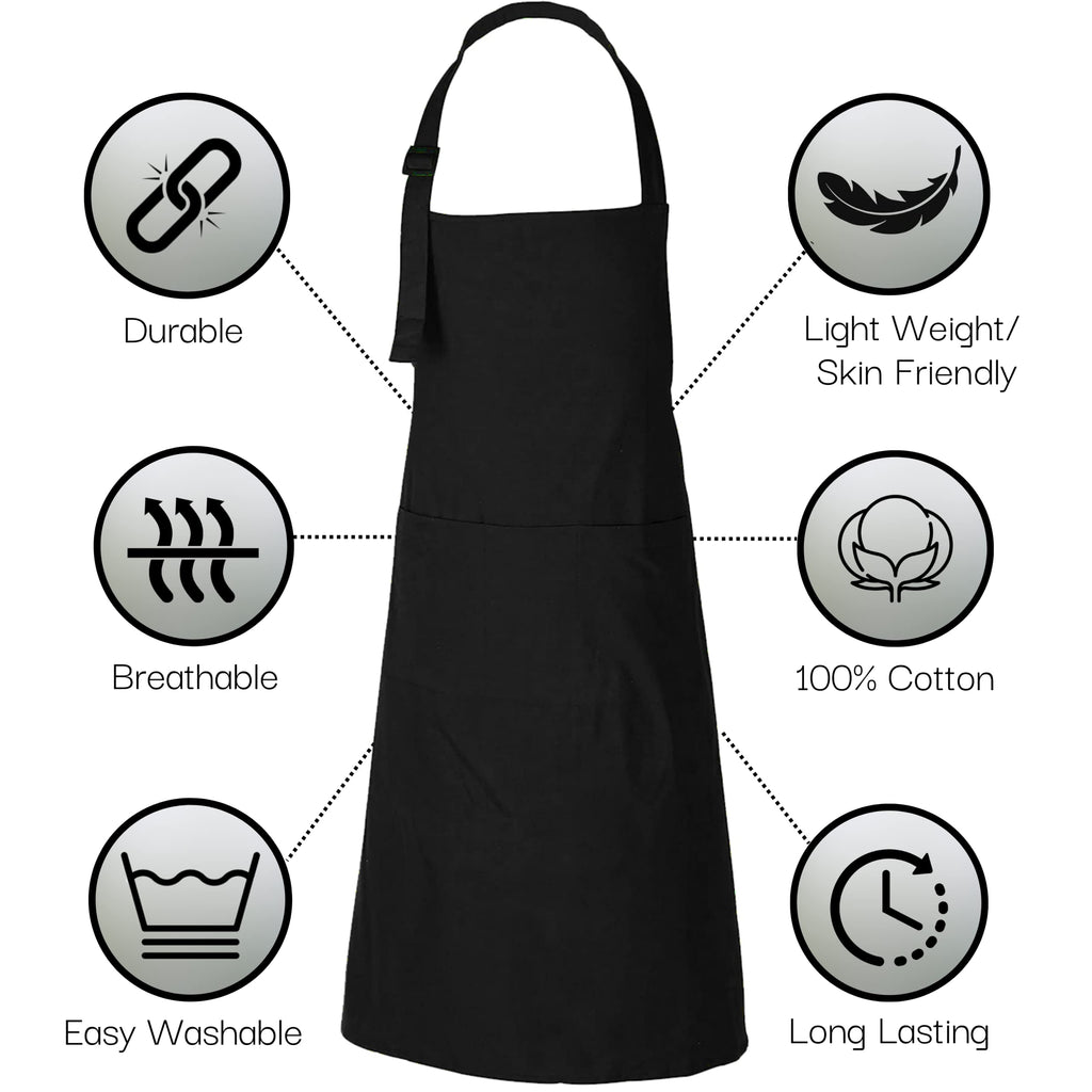 RAJRANG Chef Apron for Women Men with Pockets Cotton Kitchen Cooking Long Plain Aprons Black 35x27 Inches