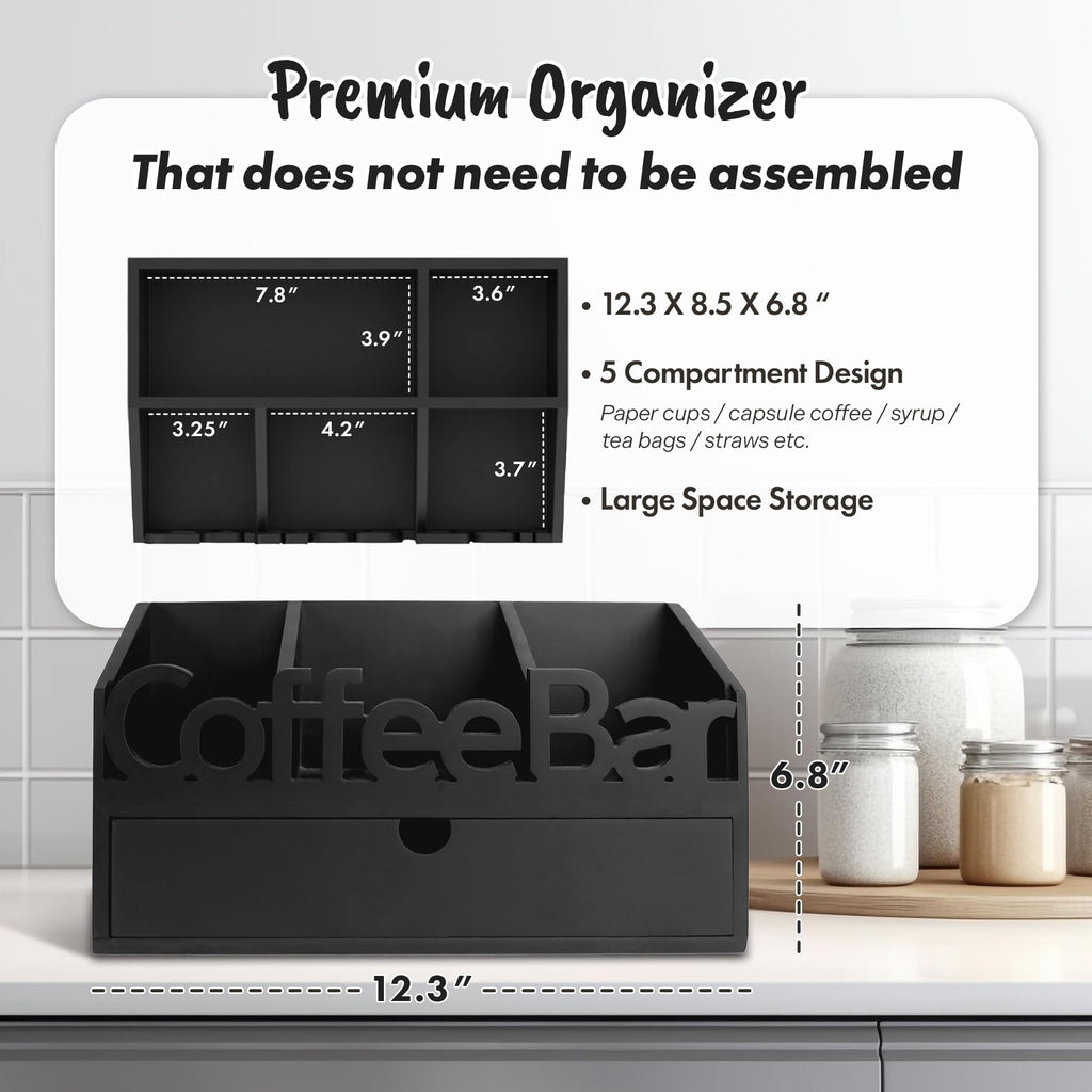 Coffee Bar Organizer Countertop, Wooden Coffee Station with Black Drawer