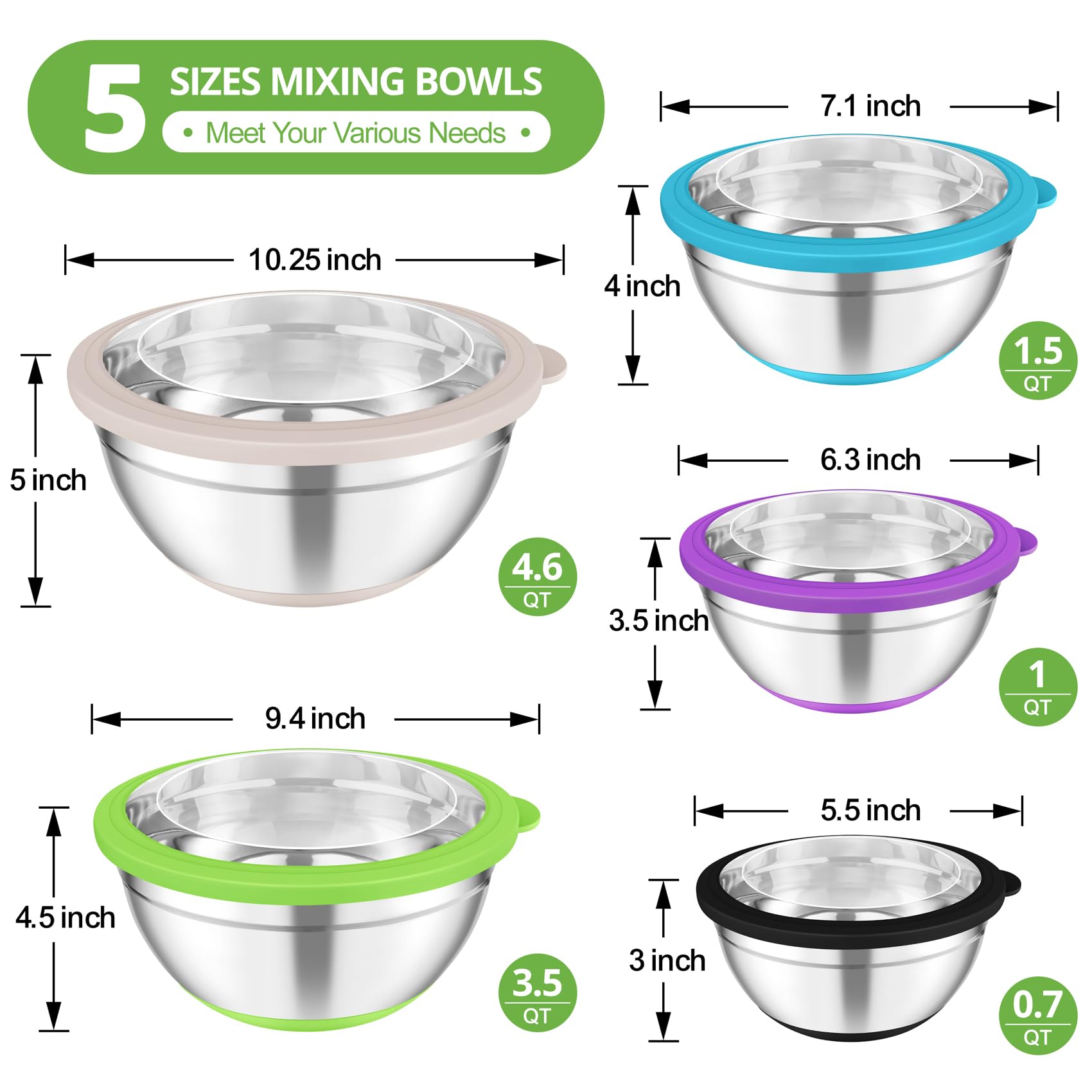 TeamFar Mixing Bowls, Salad Bowls with Transparent Airtight Lids, Colorful