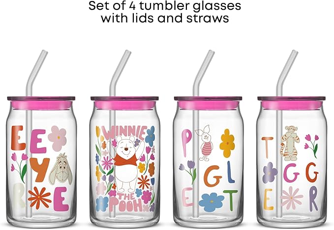 JoyJolt Disney Winnie the Pooh & Friends Flower Power Glass Tumblers with Lids and Straws, 16oz Glass Cups with Lids and Straws, Can Shaped Drinking Glasses Set of 4, Disney Gifts for Adults