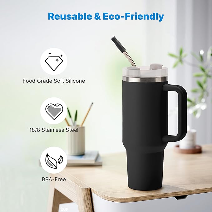 Repeatable Metal Straw with Silicone Tips for 30 oz Stanley Tumbler, 2 Pcs 30 oz Stainless Steel Straws Replacement for Stanley Tumbler, 1 Straw Brush, BPA Free（Black）