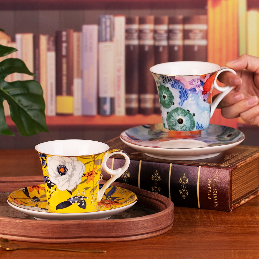 KAMMAK Tea Cups and Saucers Set of 2, 5.7 oz Porcelain Coffee Cups, 567N
