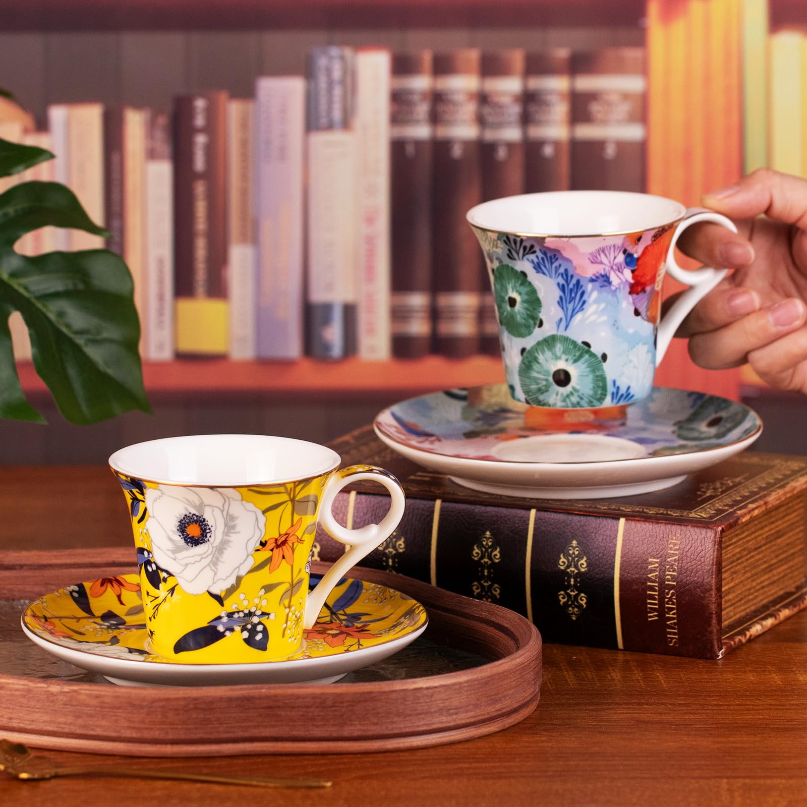 KAMMAK Tea Cups and Saucers Set of 2, 5.7 oz Porcelain Coffee Cups, 567N