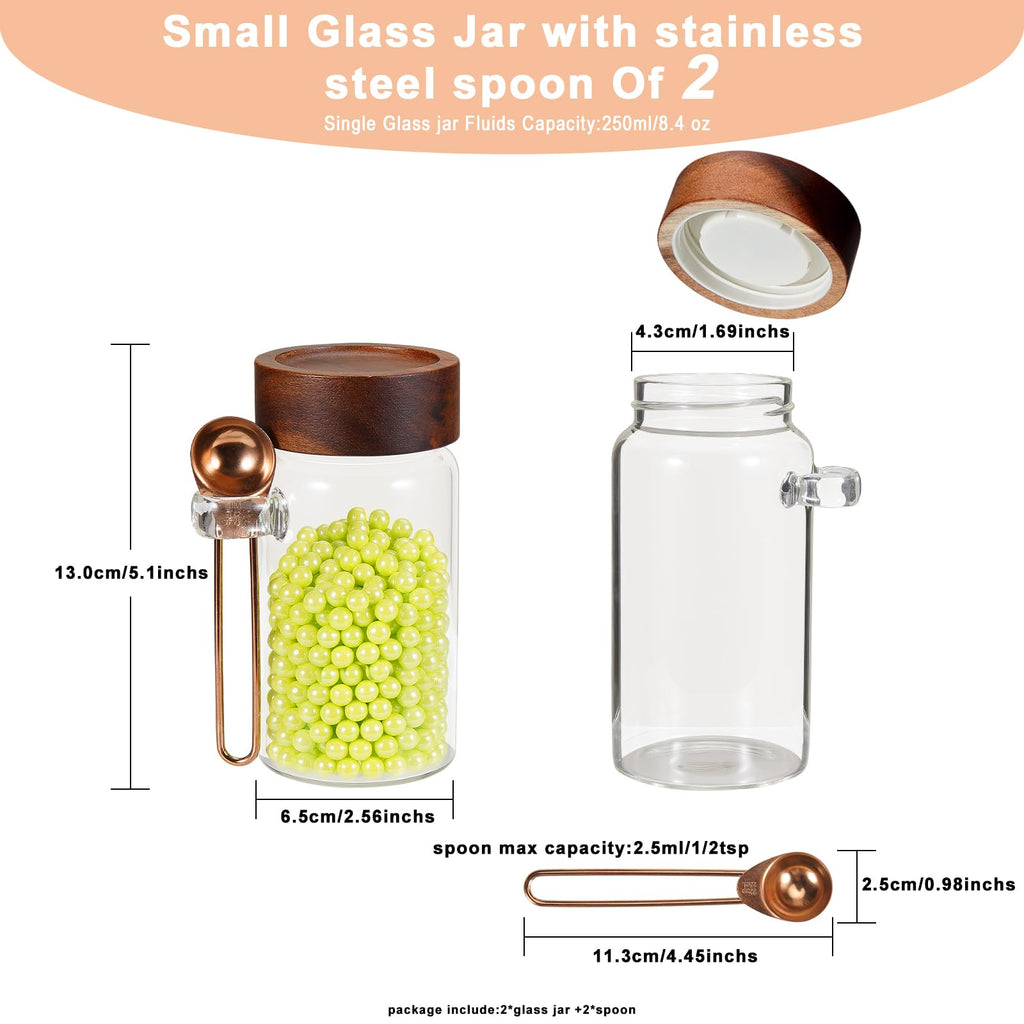 8oz Small Glass Spice Jar with Spoon Airtight Screw Wood Lid Clear Sugar Herb Container Food Storage Canisters Bottle for Seasoning Coffee Ground Bean Kitchen Tea Overnight Oats Bar(2×250ml(8.4oz))