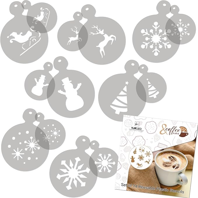 NAKLEO Coffee Stencils and Cookies Decoration 14Pcs 2.8”x2.8” and 4.3”x4.3”, Reusable Plastic Baking Templates, Barista DIY Art Craft, Capuccino Latte Chocolate Cake Biscuit