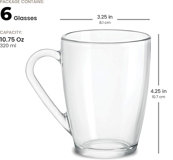 Bormioli Rocco Glass Coffee Mug Set, (6 Pack) 10¾ Ounce with Convenient Handle, Tea Glasses for Hot/Cold Beverages, Thermal Shock Resistant, Tempered Glass, for Cappuccino, Latte, Espresso, clear.