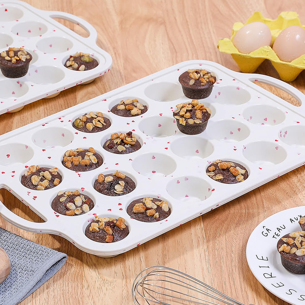 CAKETIME Mini Muffin Pan, Metal Reinforced Frame Mini Cupcake Pans 24 Cups Nonstick Muffin Silicone Molds with Handle for Baking Muffins, Cupcakes, Egg Bites 2 Pack Heart-Shaped