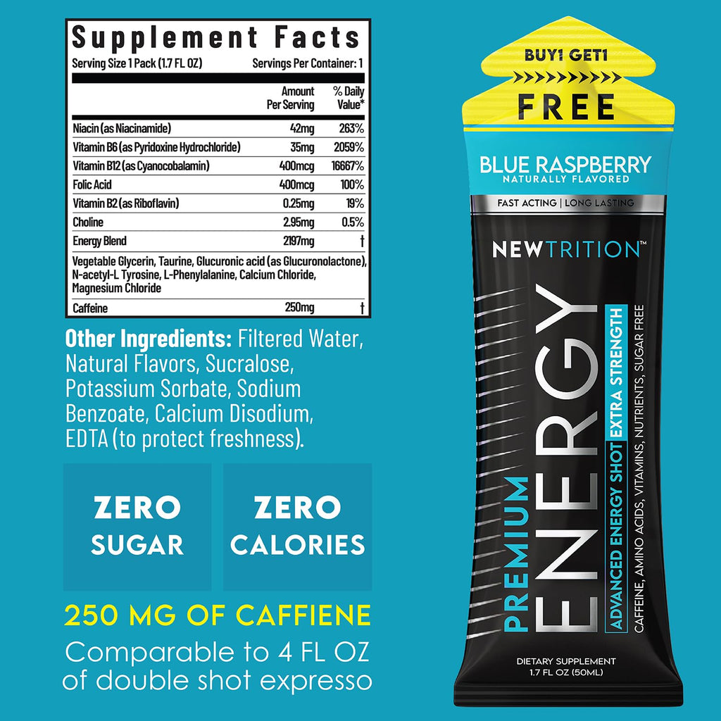 NewTrition® Extra Strength Energy Shots, 1.7 fl oz - 250mg Caffeine with Vitamin B & Amino Acids, Sugar-Free, Zero Calorie Vitamin Energy Drink for Focus & Endurance (Pack of 6, Blue Raspberry)