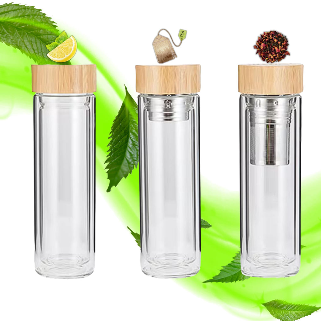 15oz Double Wall Glass Water Bottle with Bamboo Lid and Tea Infuser – Insulated, Leak-Proof, and Eco-Friendly Travel Tea Mug with Filter for Hot or Cold Beverages