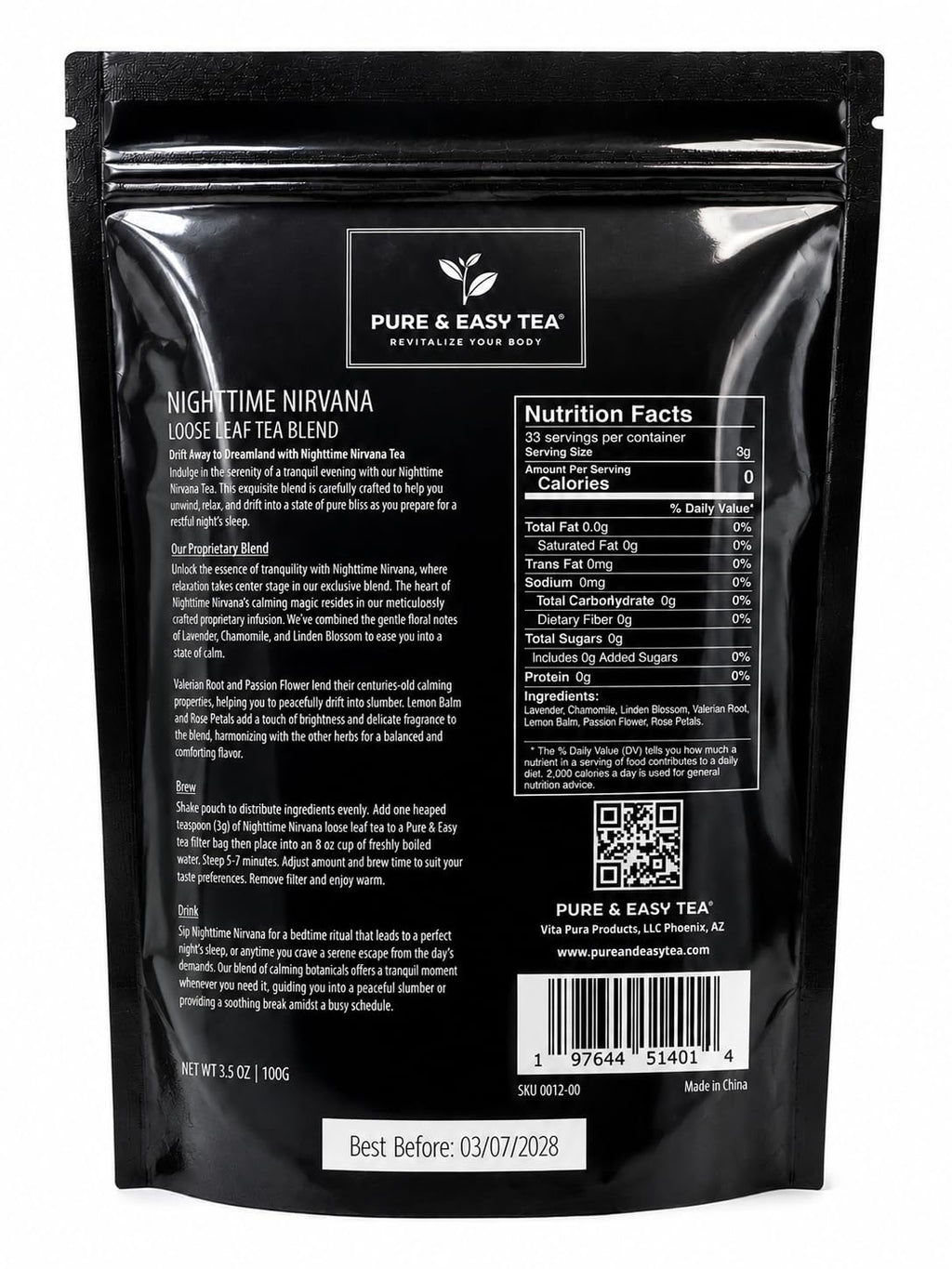 Pure And Easy Tea, Nighttime Nirvana, Caffeine-Free Herbal Sleep & Relaxation Tea, Loose Leaf Blend with Chamomile, Lavender & Lemon Balm, Premium Wellness Tea (100g)