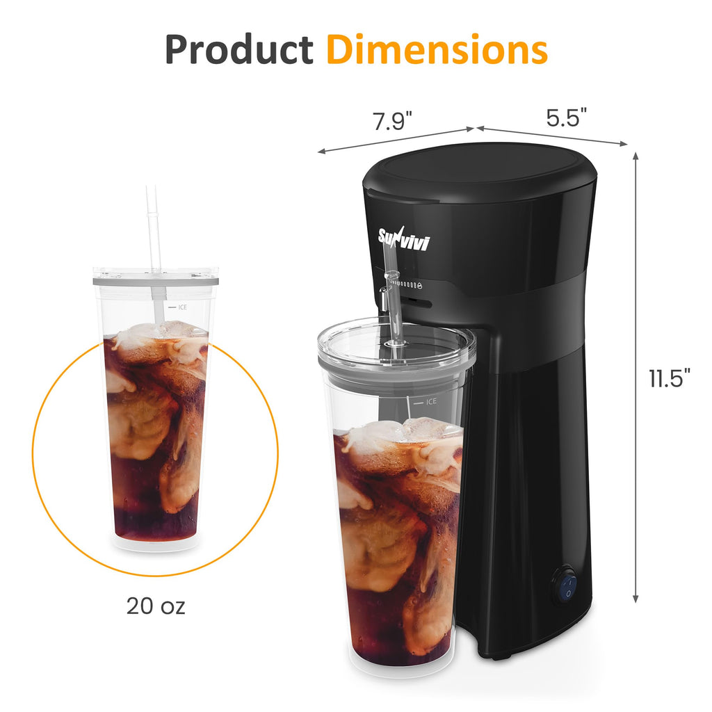 SUNVIVI 20 Oz Iced Coffee Maker for Ground Coffee, Cold Brew Tea Maker with Reusable Coffee Filter and Insulated Pitcher, Single Serve Machine for Home, Strength Control for Flavor, Black