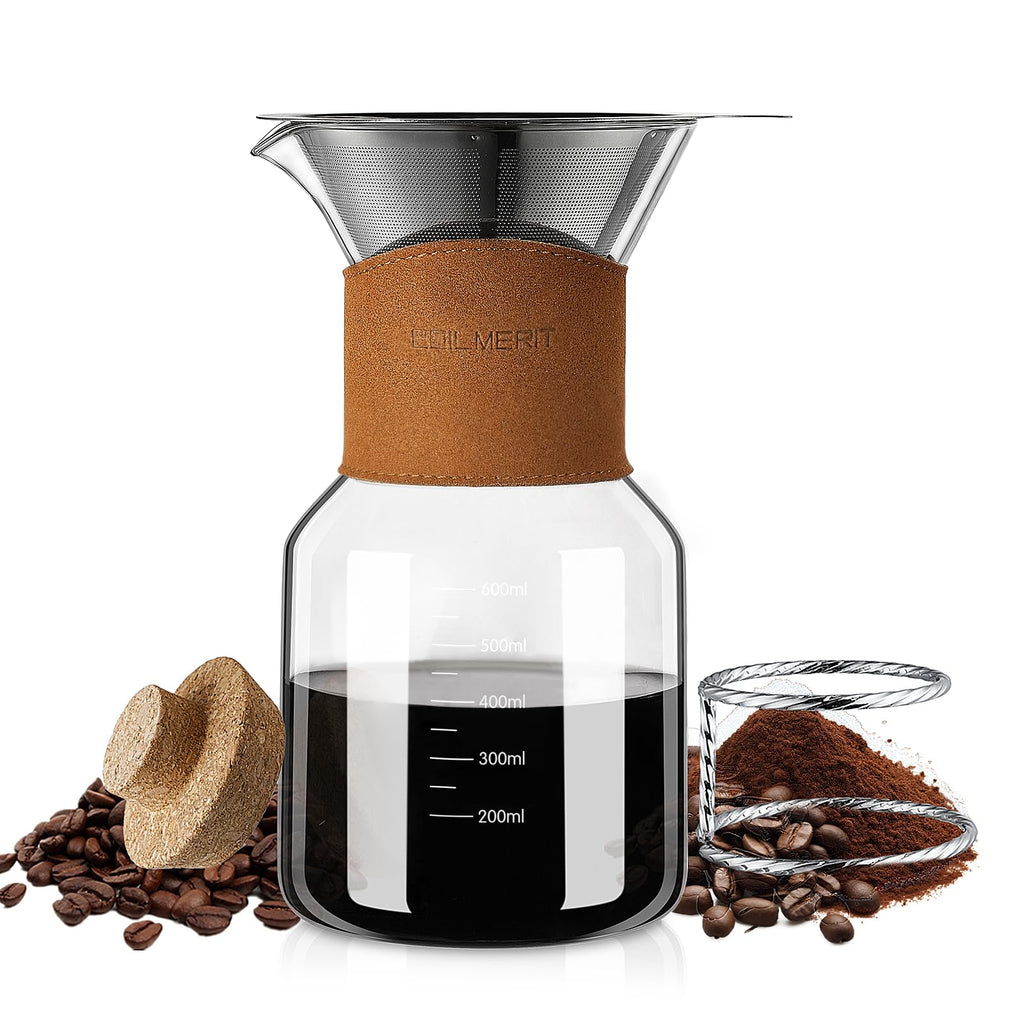 Pour Over Coffee Maker with Double-Layer Stainless Steel Filter, 20 oz Pour Over Coffee Dripper, Glass Carafe with Vintage Leather Collar and Cork Lid & Filter Stand for Espresso