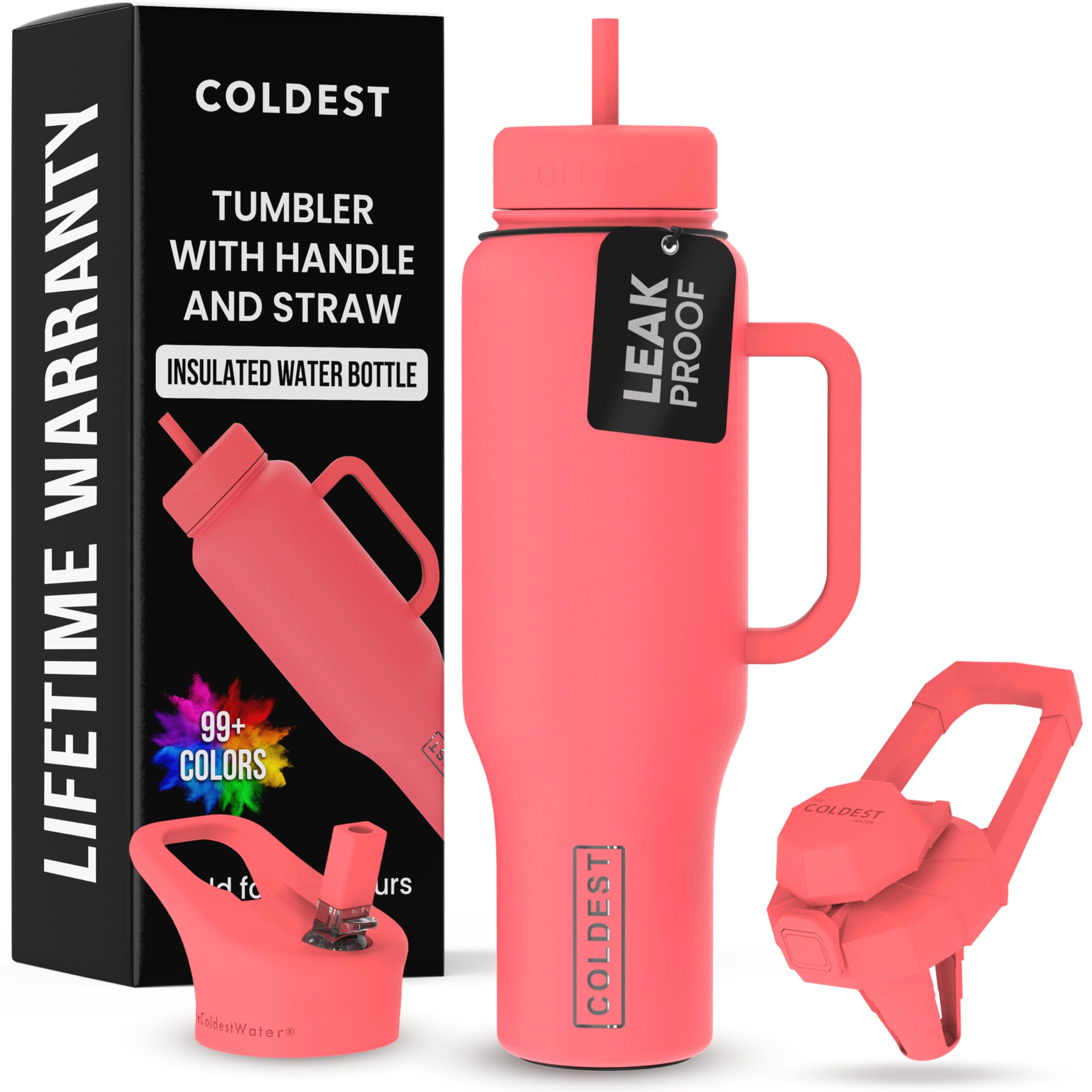 Coldest Tumbler with Handle and Straw - 100% Leak Proof Insulated Tumbler with Lid and Straw (3 Lids) - Stainless Steel Tumblers for Women & Men - Cup Holder Friendly Base, 46 oz (The Cardinal)