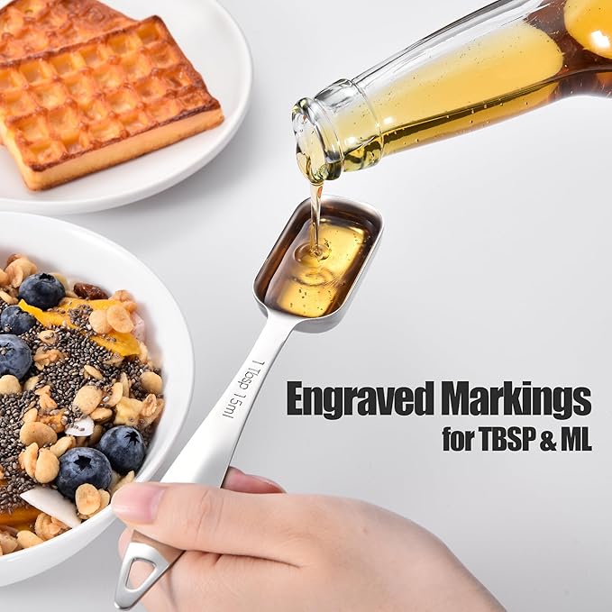 18/8 Stainless Steel Measuring Spoons: Doosu Heavy Duty Rectangular Spoon Square Teaspoon Tablespoon Scoop with Slim Long Handle in Narrow Spice Jar for Kitchen Baking Cooking (Set of 7 with Leveler)