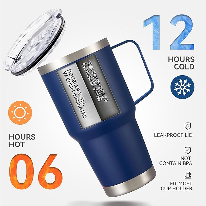 30 oz Tumbler with Handle and Lid, Stainless Steel Tumblers Bulk Double Wall Vacuum Insulated Travel Mug Leak Proof Cup Keep Drinks Cold and Hot Navy, 12 Pack