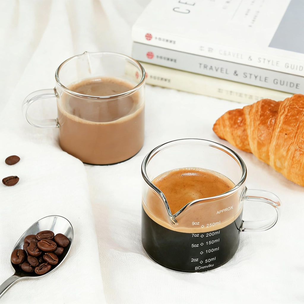 BCnmviku Espresso Cup Measuring Cup Triple Pitcher Milk Cup 250ML/8.5OZ Espresso Cups with Handle Shot Glass with V-Shaped Mouth Clear Accessories Milk Frothing Pitcher (1)
