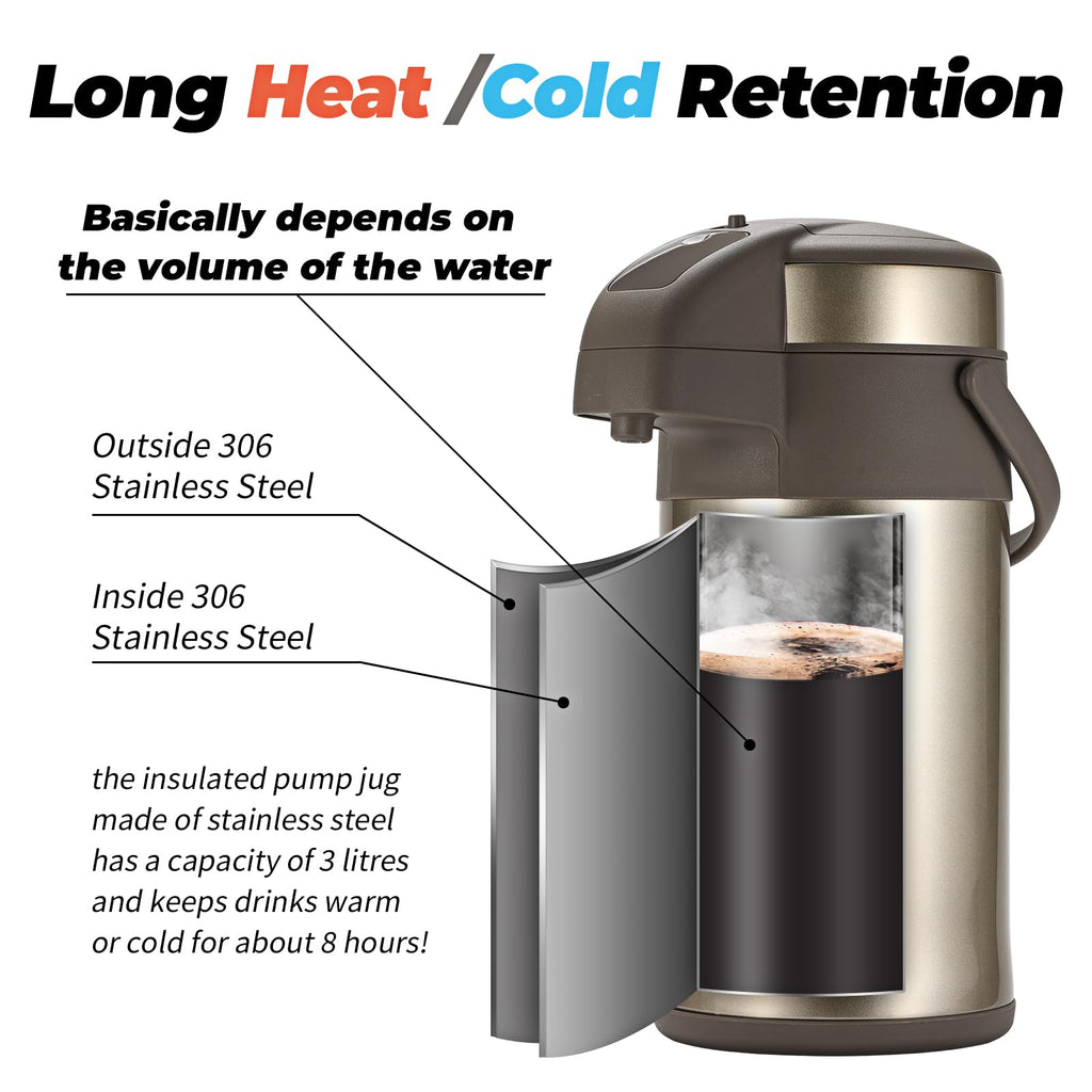 OJOJ 3L/101OZ Thermal Coffee Carafe with Pump, Thermal Beverage Dispenser, Coffee Airpot Stainless Steel Coffee Carafe for Hot Drinks Gold