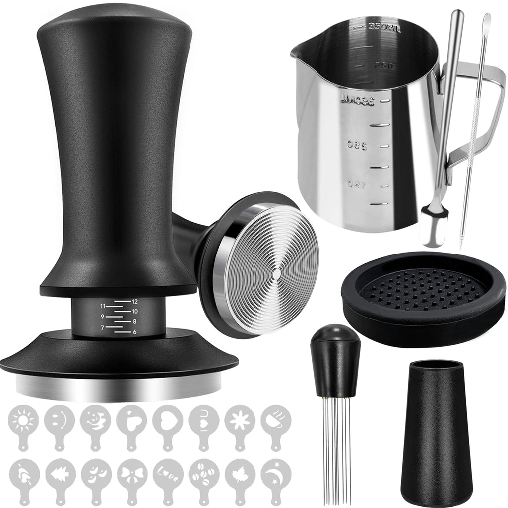 22Pcs Espresso Accessories, 51mm Espresso Tamper Kit, Espresso Machine Accessories Set with Coffee Tamper, WDT Tool, Tamper Mat, Coffee Stirrer, Frothing Pitcher, Latte Art Pen, 16 Coffee Stencils