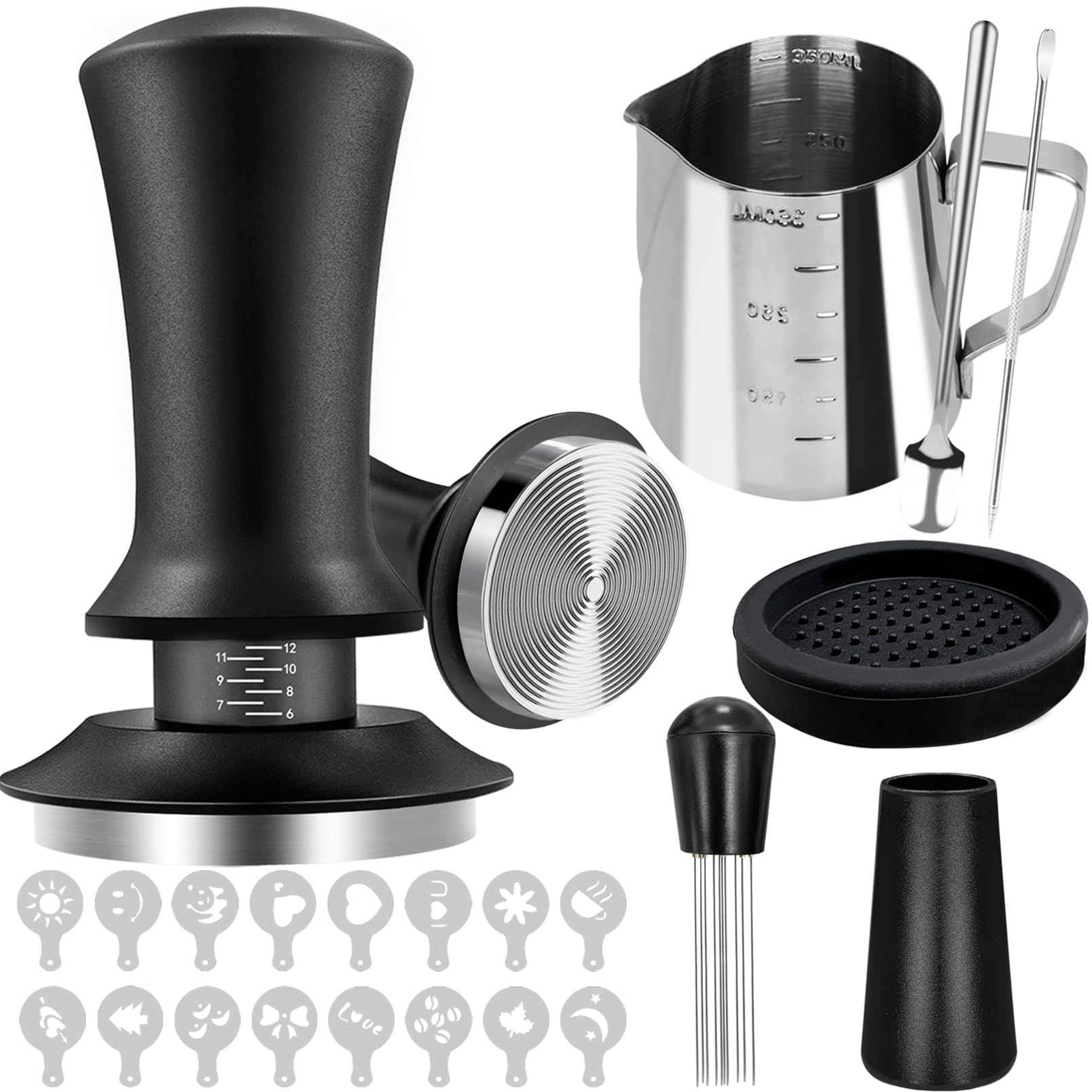 22Pcs Espresso Accessories, 51mm Espresso Tamper Kit, Espresso Machine Accessories Set with Coffee Tamper, WDT Tool, Tamper Mat, Coffee Stirrer, Frothing Pitcher, Latte Art Pen, 16 Coffee Stencils