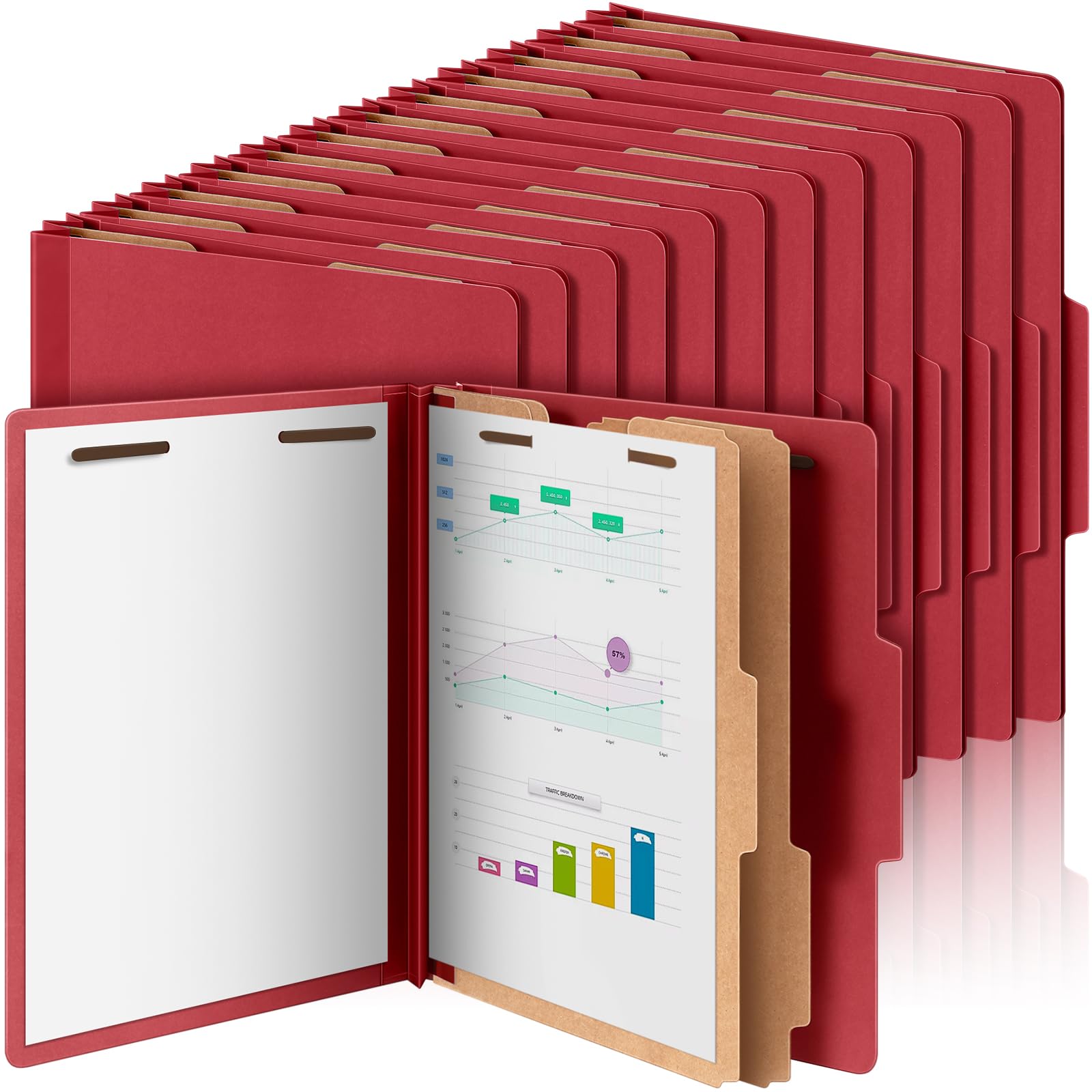 Skyygemm 12 Pcs Classification Folders Letter Size Bulk - 2 Dividers Pressboard File Folder with 3. 5 Inch Expansion, 2 Prongs Fastener, Heavy Duty Office File Organizer for Teacher Medical (Dark Red)