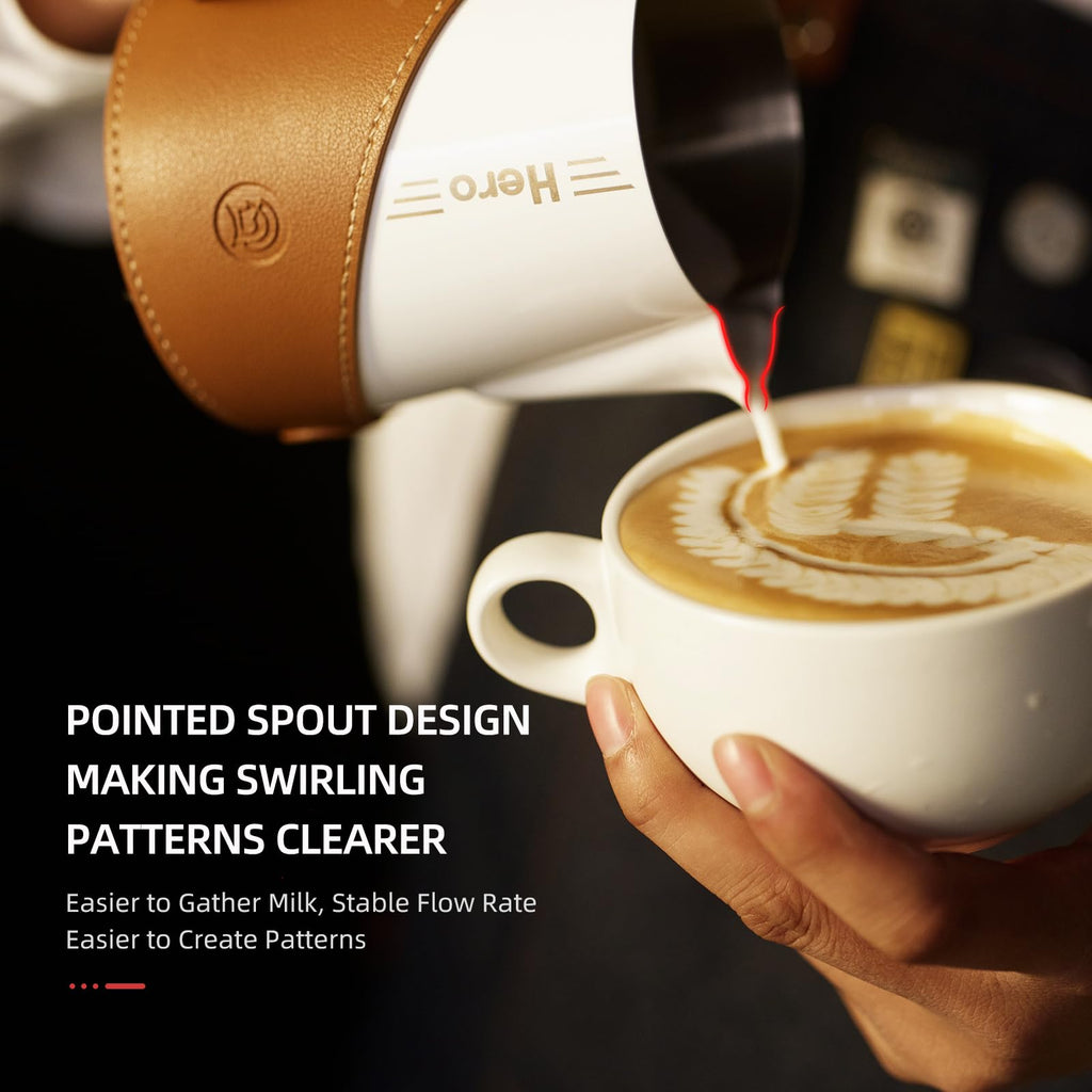 CUFEJORO Milk Frothing Pitcher 450ml/16oz 304 Stainless Steel Espresso Steaming Pitcher with PU Leather, Milk Frothing Jug,milk frother cup,Milk Jug Cup,Premium Barista Tools,Latte Art (Bright 20oz)