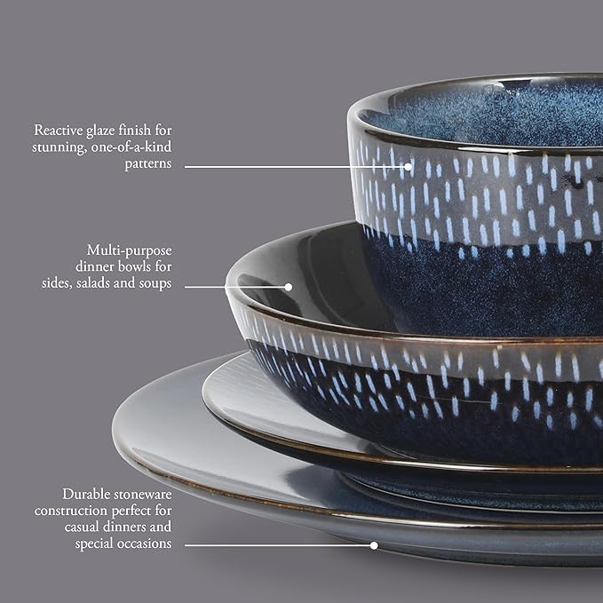 Gibson Elite Matisse 16 Piece Double Bowl Dinnerware Set, Cobalt Blue, Service for 4 (16pcs)