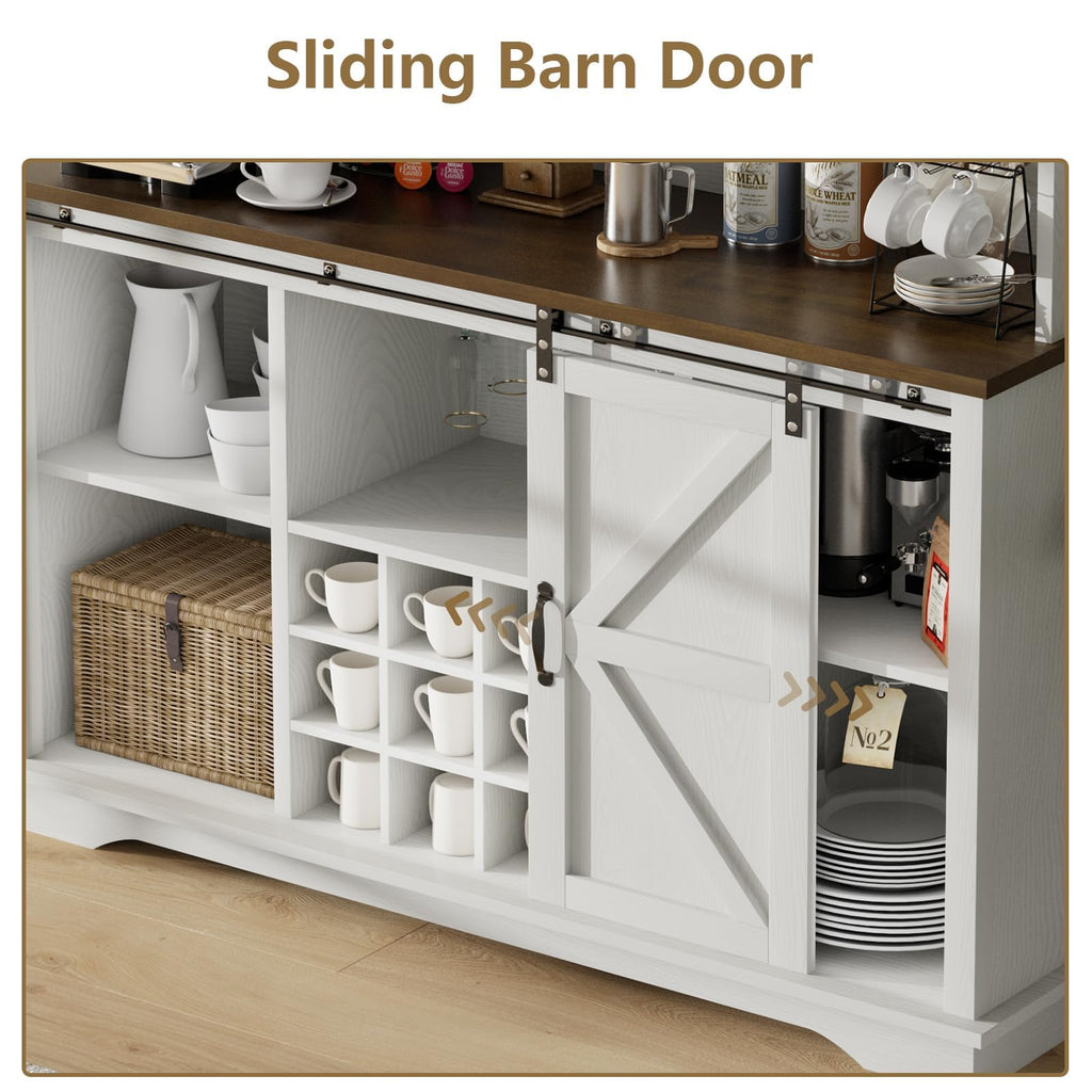 55 Inch Farmhouse Coffee Bar Cabinet with 3-Tier Enclosed Storage Cabinet, Kitchen Hutch with 12 Wine Racks & 3 Glass Holders, Coffee Bar with 6 Hooks, Wood Furniture for Dining Living Room, White