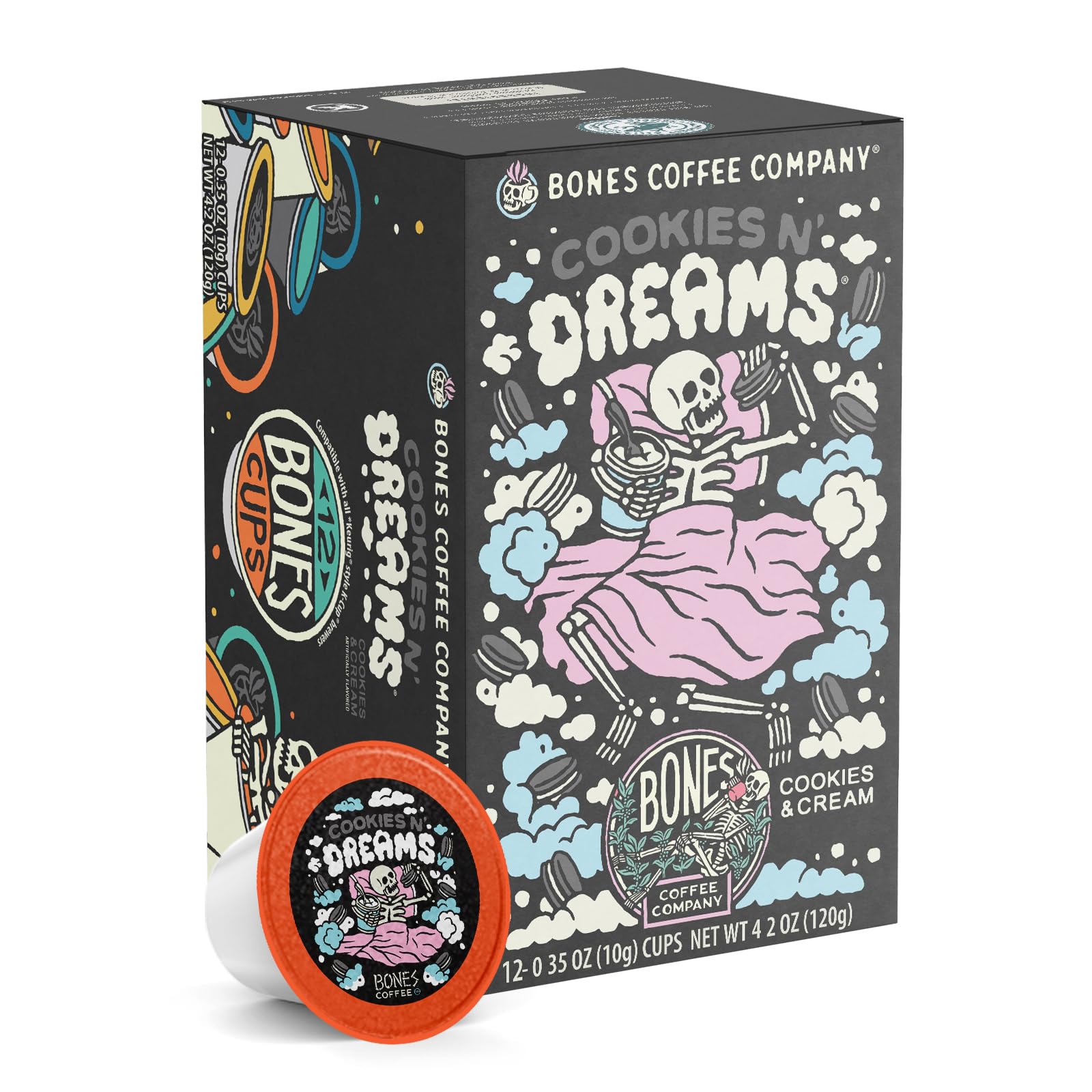 Bones Coffee Company Cookies 'N Dreams, Cookie and Cream Flavored Coffee Pods, Low Acid Medium Roast Single-Serve Bones Cups, Compatible with K-Cups Brewers Coffee Maker, 12 Count