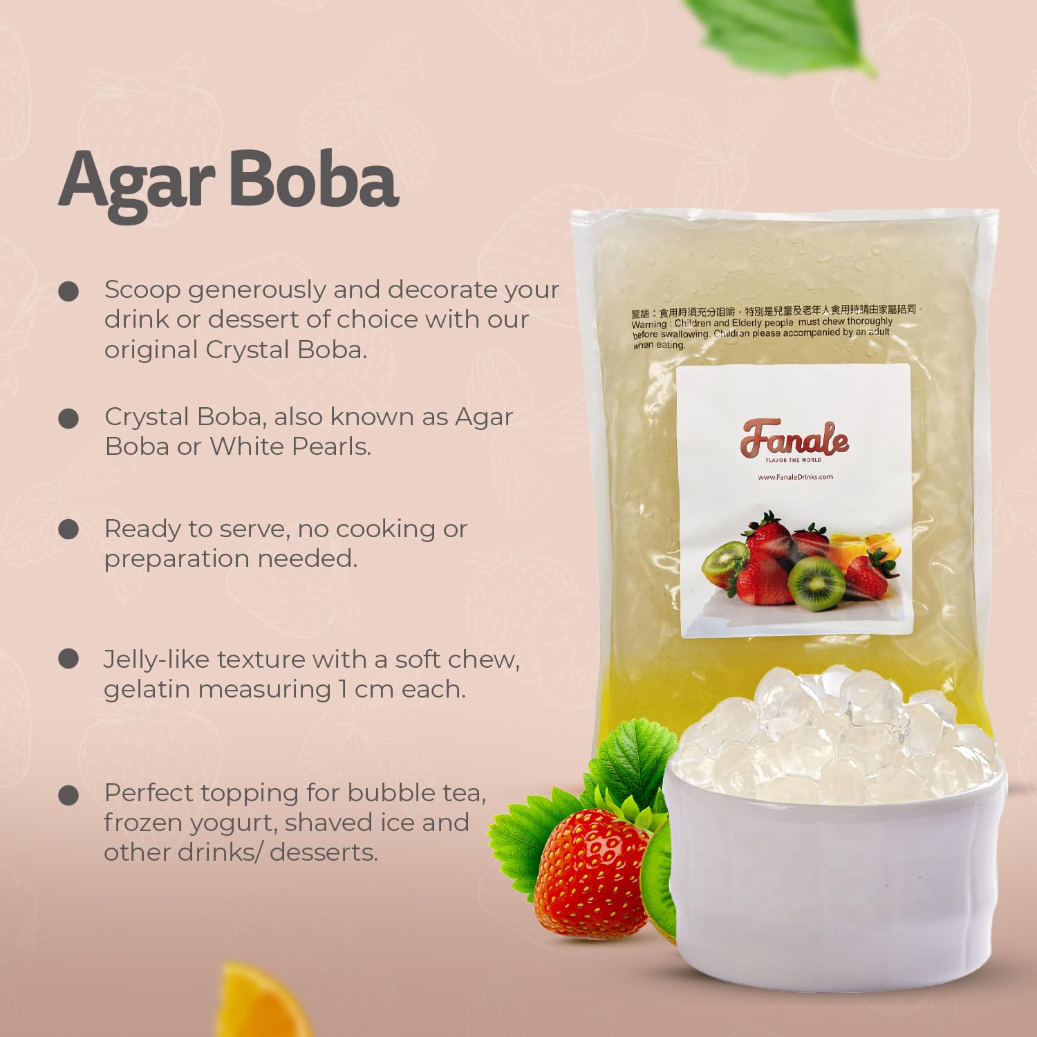 Fanale Crystal Agar Boba Jelly Ball, Ready to Serve, Soft Chew Texture, Instant Crystal Boba Pearls for Bubble Tea, Frozen Yogurt, Shaved Ice & Dessert’s Topping (4.4 lb/bag)